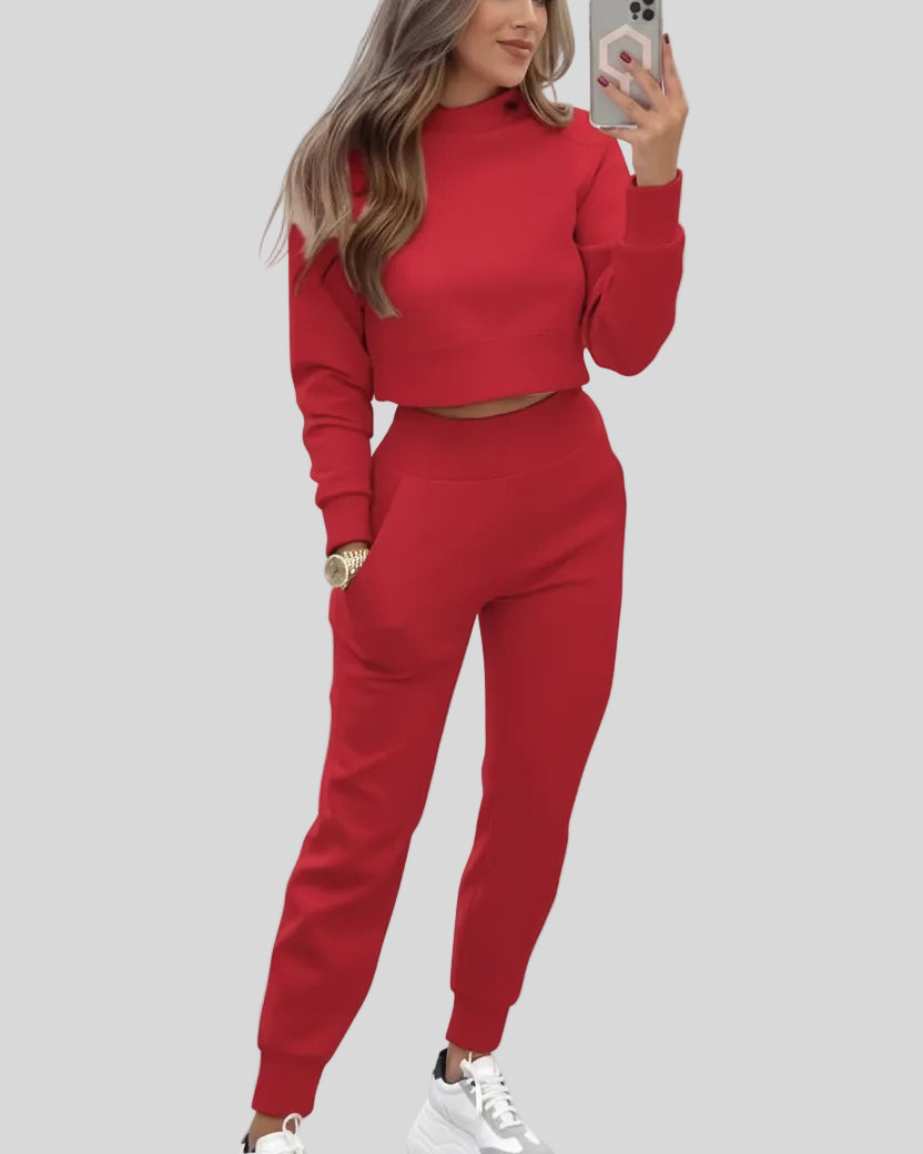 Red Athlesi EaseForm jogger set cropped sweatshirt and joggers front view