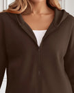 EaseForm Zip Hoodie Jacket in chocolate closeup view highlighting fabric.