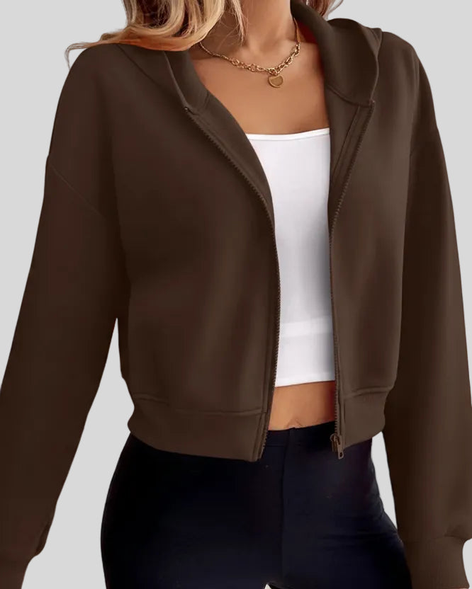 EaseForm Zip Hoodie Jacket in chocolate right angle view highlighting silhouette and structure