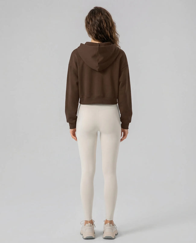 EaseForm Zip Hoodie Jacket in chocolate worn by model full body back view showing silhouette and structure