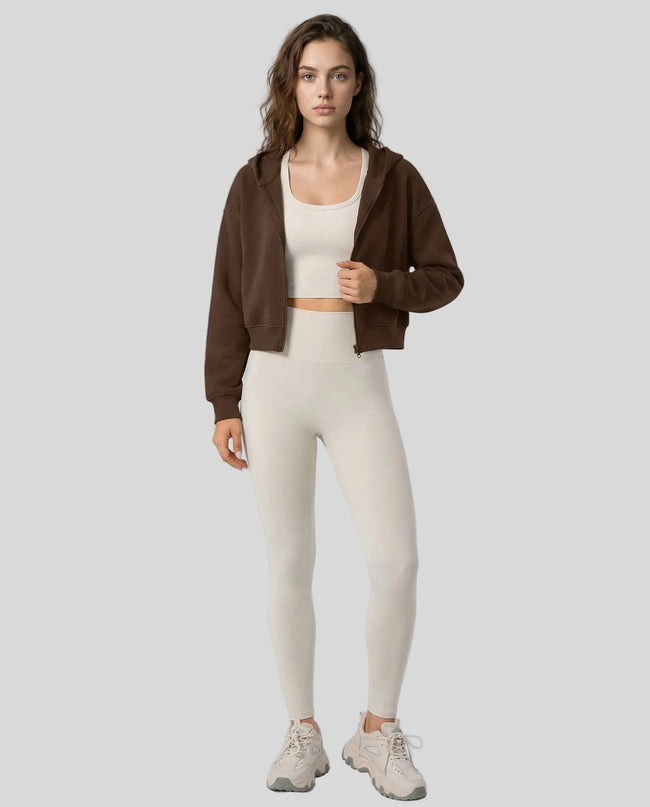 EaseForm Zip Hoodie Jacket in chocolate worn by model full body front view styled in a clean studio setting