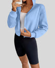 EaseForm Zip Hoodie Jacket in light blue front view with hood up highlighting coverage and shape