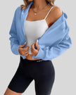 EaseForm Zip Hoodie Jacket in light blue left angle view showing relaxed fit and design