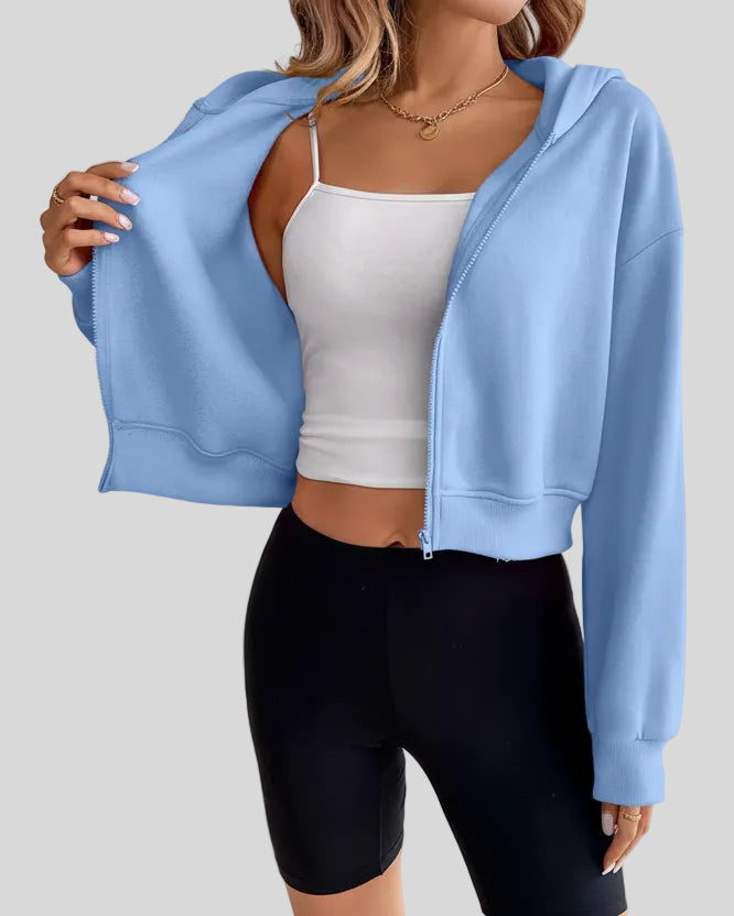 EaseForm Zip Hoodie Jacket in light blue front open view showing layering versatility and dropped shoulders