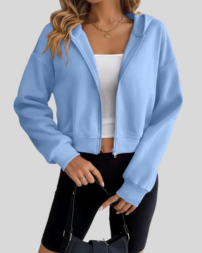 EaseForm Zip Hoodie Jacket in light blue front semi-open view showing relaxed fit and clean silhouette