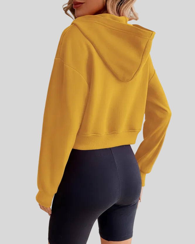 EaseForm Zip Hoodie Jacket in mustard back view showing dropped shoulder structure and fit