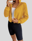 EaseForm Zip Hoodie Jacket in mustard front view with hood up highlighting coverage and shapex