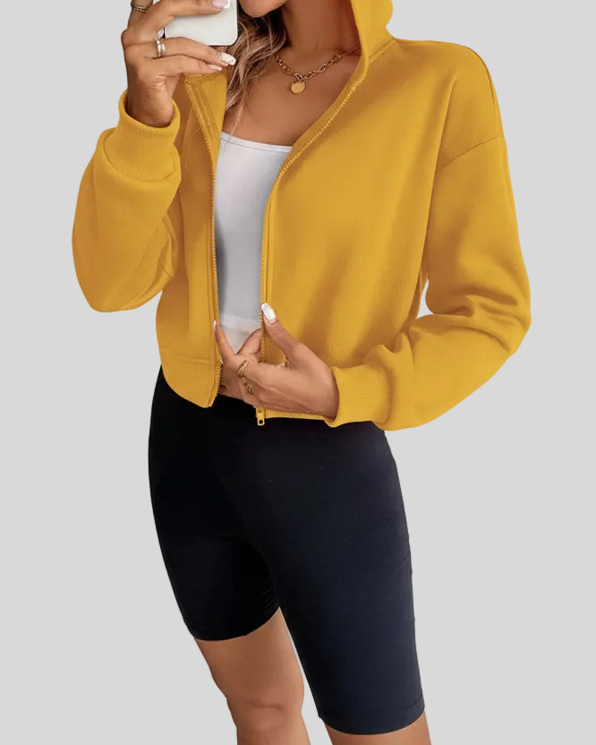 EaseForm Zip Hoodie Jacket in mustard front view with hood up highlighting coverage and shapex
