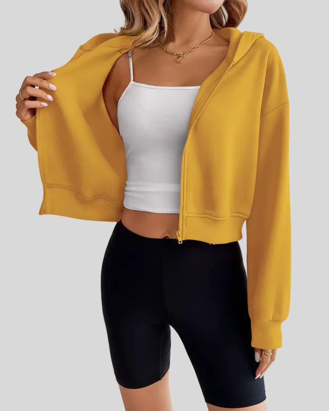 EaseForm Zip Hoodie Jacket in mustard front open view showing layering versatility and dropped shoulders