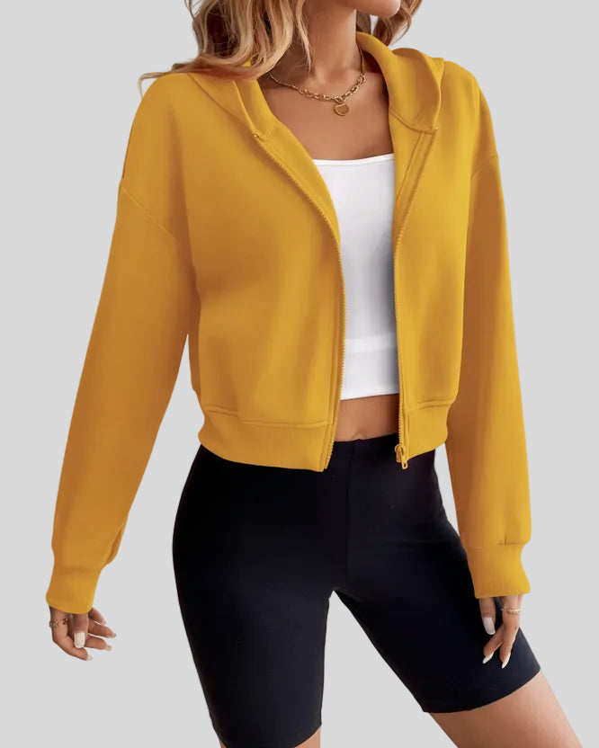 EaseForm Zip Hoodie Jacket in mustard right angle view highlighting silhouette and structure