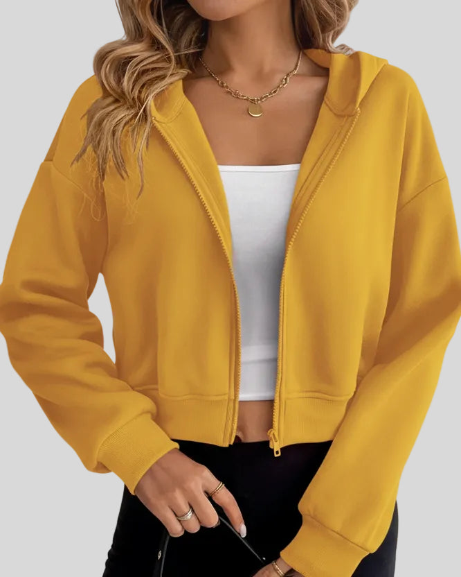 EaseForm Zip Hoodie Jacket in mustard front semi-open view showing relaxed fit and clean silhouette