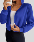 EaseForm Zip Hoodie Jacket in royal blue front view with hood up highlighting coverage and shape