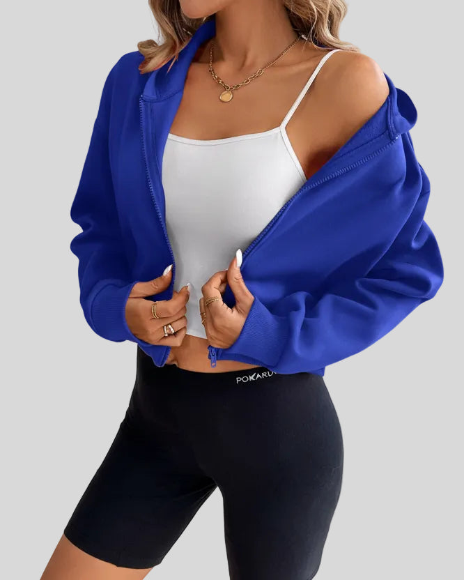 EaseForm Zip Hoodie Jacket in royal blue left angle view showing relaxed fit and design