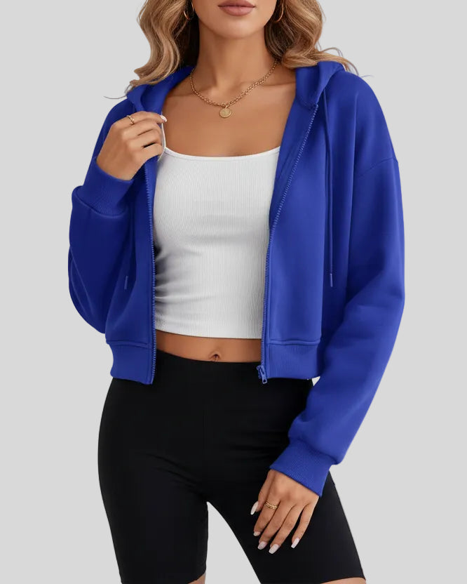 EaseForm Zip Hoodie Jacket in royal blue front open view showing layering versatility and dropped shoulders