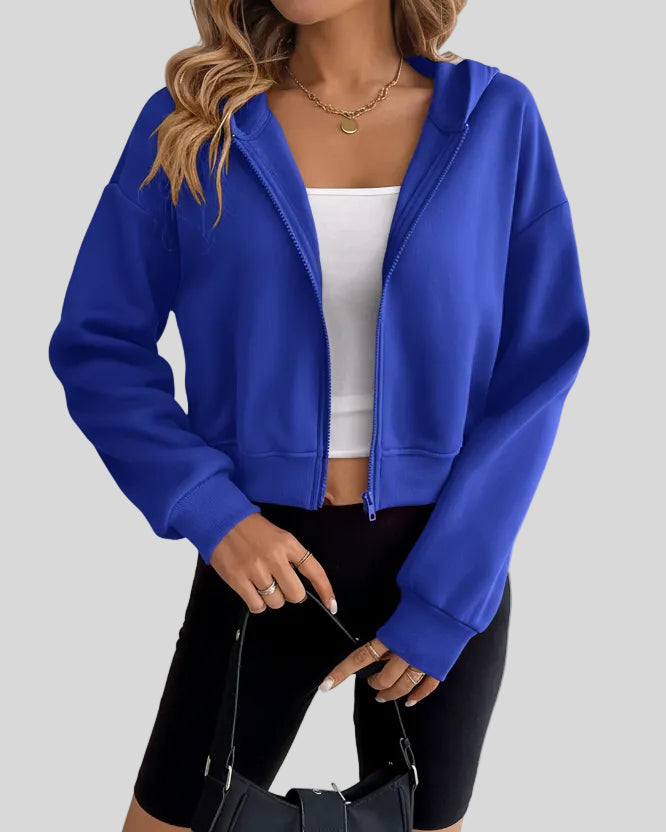 EaseForm Zip Hoodie Jacket in royal blue front semi-open view showing relaxed fit and clean silhouette