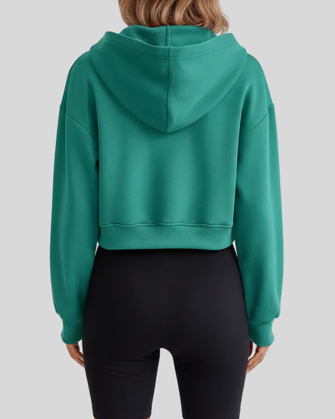 EaseForm Zip Hoodie Jacket in teal back view showing dropped shoulder structure and fit