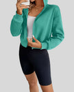 EaseForm Zip Hoodie Jacket in teal front view with hood up highlighting coverage and shape