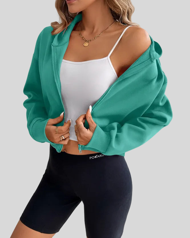EaseForm Zip Hoodie Jacket in teal left angle view showing relaxed fit and design