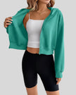 EaseForm Zip Hoodie Jacket in teal front open view showing layering versatility and dropped shoulders