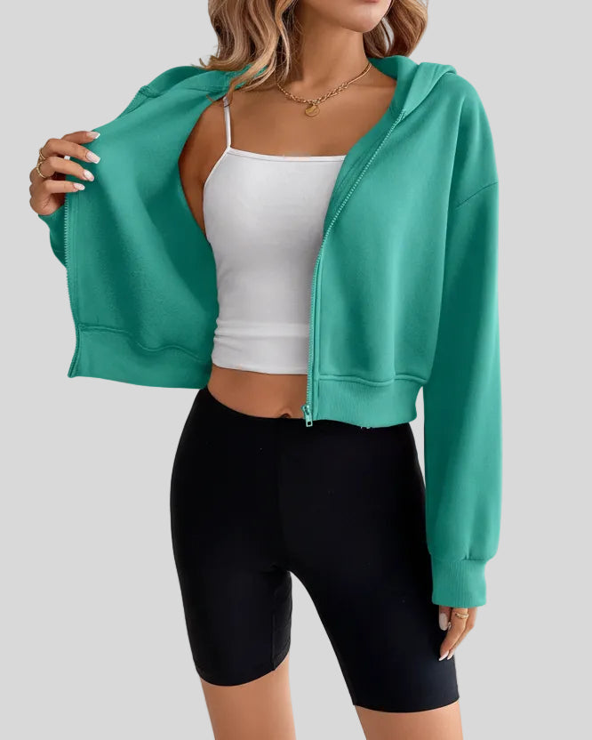 EaseForm Zip Hoodie Jacket in teal front open view showing layering versatility and dropped shoulders