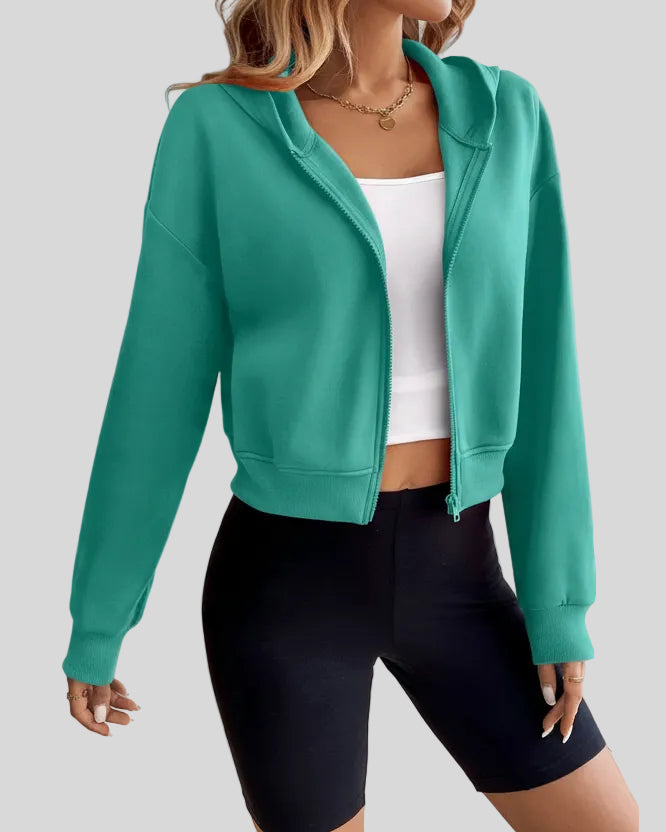 EaseForm Zip Hoodie Jacket in teal right angle view highlighting silhouette and structure