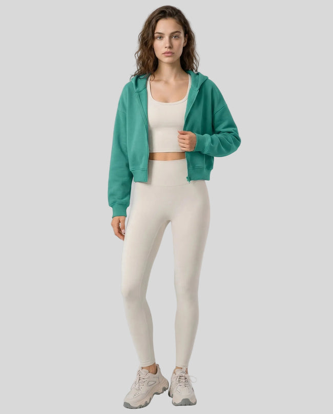 EaseForm Zip Hoodie Jacket in teal worn by model full body front view styled in a clean studio setting