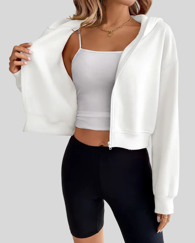 EaseForm Zip Hoodie Jacket in white front open view showing layering versatility and dropped shoulders