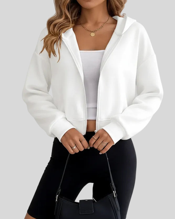 EaseForm Zip Hoodie Jacket in white front semi-open view showing relaxed fit and clean silhouette