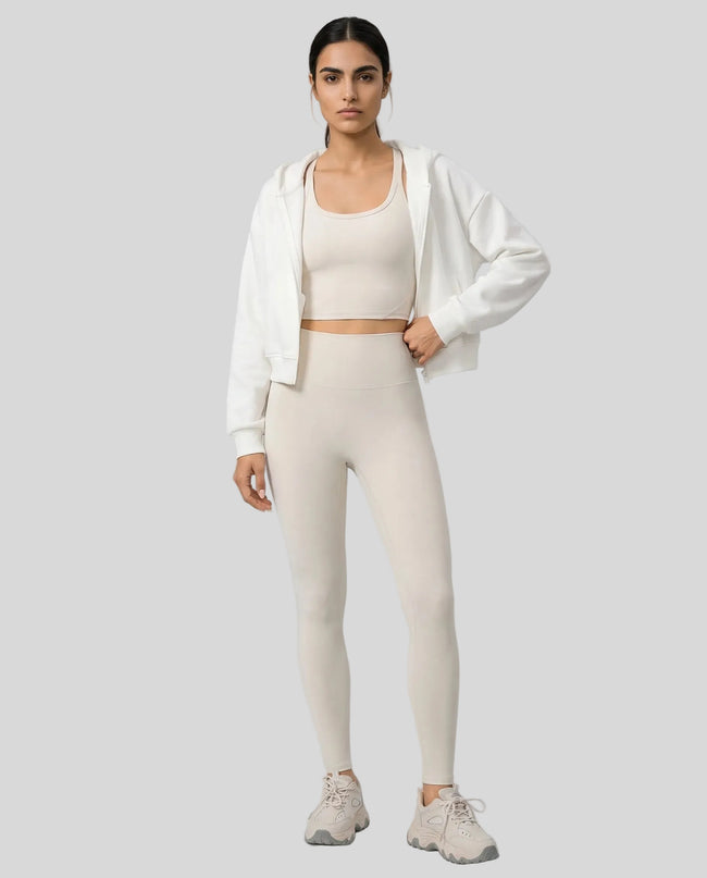 EaseForm Zip Hoodie Jacket in white worn by model full body front view styled in a clean studio setting