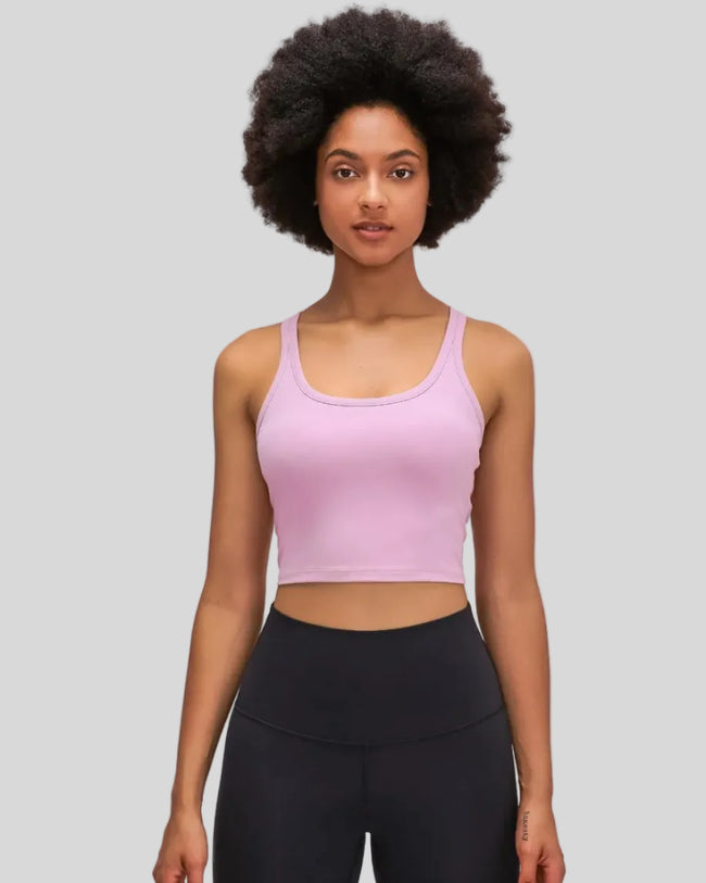 EaseSculpt Scoop Neck Tank in dusty pink worn by model, featuring cropped length