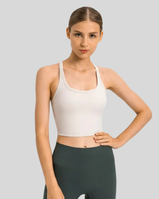 EaseSculpt Scoop Neck Tank in ivory worn by model, featuring cropped length