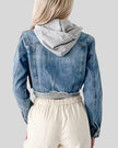 Athlesi EdgeForm denim hoodie jacket back view in dark blue and gray showing hood detail and cropped denim structure