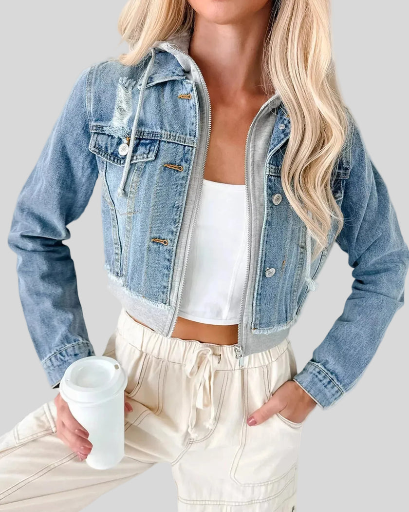 Athlesi EdgeForm denim hoodie jacket in dark blue and gray angled open front view showing distressed detail and hoodie layer