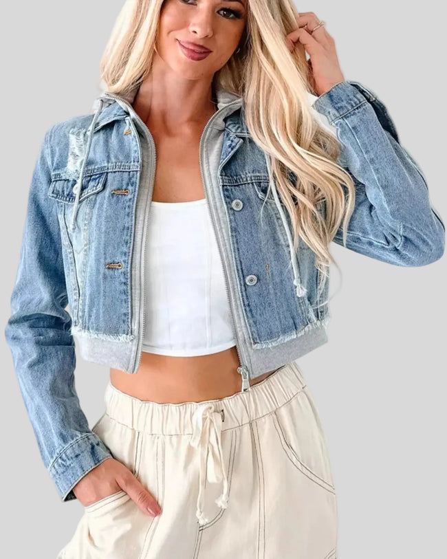 Athlesi EdgeForm denim hoodie jacket dark blue and gray front open mid-body view with cropped fit and layered design