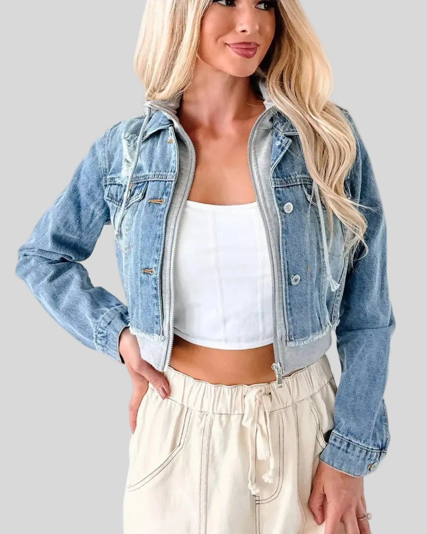 Athlesi EdgeForm denim hoodie jacket dark blue and gray front open view with cropped fit and layered design