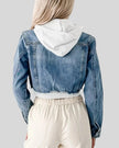 Athlesi EdgeForm denim hoodie jacket back view in dark blue and white showing hood detail and cropped denim structure