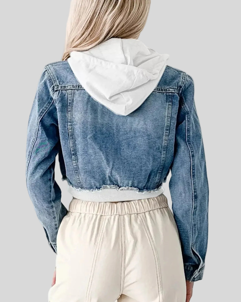 Athlesi EdgeForm denim hoodie jacket back view in dark blue and white showing hood detail and cropped denim structure