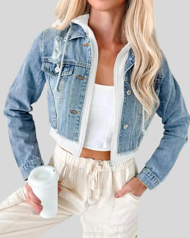 Athlesi EdgeForm denim hoodie jacket in dark blue and white angled open front view showing distressed detail and hoodie layer
