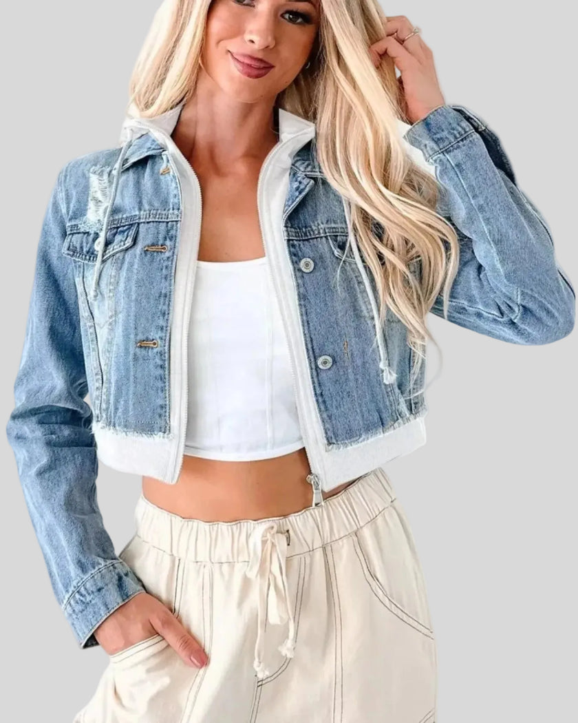 Athlesi EdgeForm denim hoodie jacket dark blue and white front open mid-body view with cropped fit and layered design