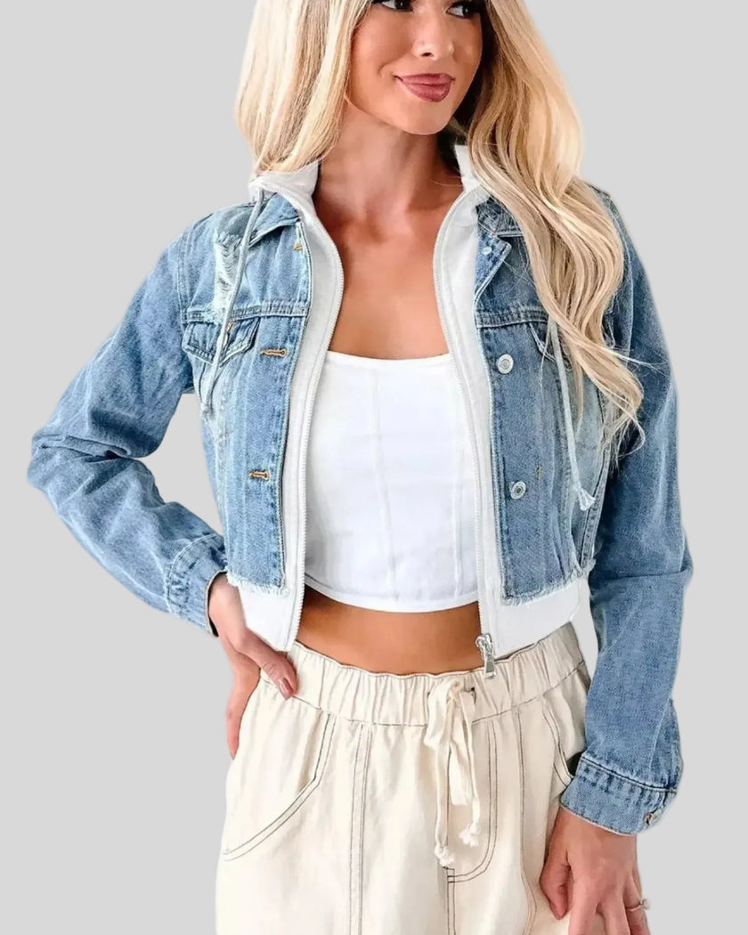 Athlesi EdgeForm denim hoodie jacket dark blue and white front open view with cropped fit and layered design