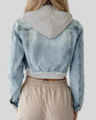 Athlesi EdgeForm denim hoodie jacket back view in light blue and gray showing hood detail and cropped denim structure