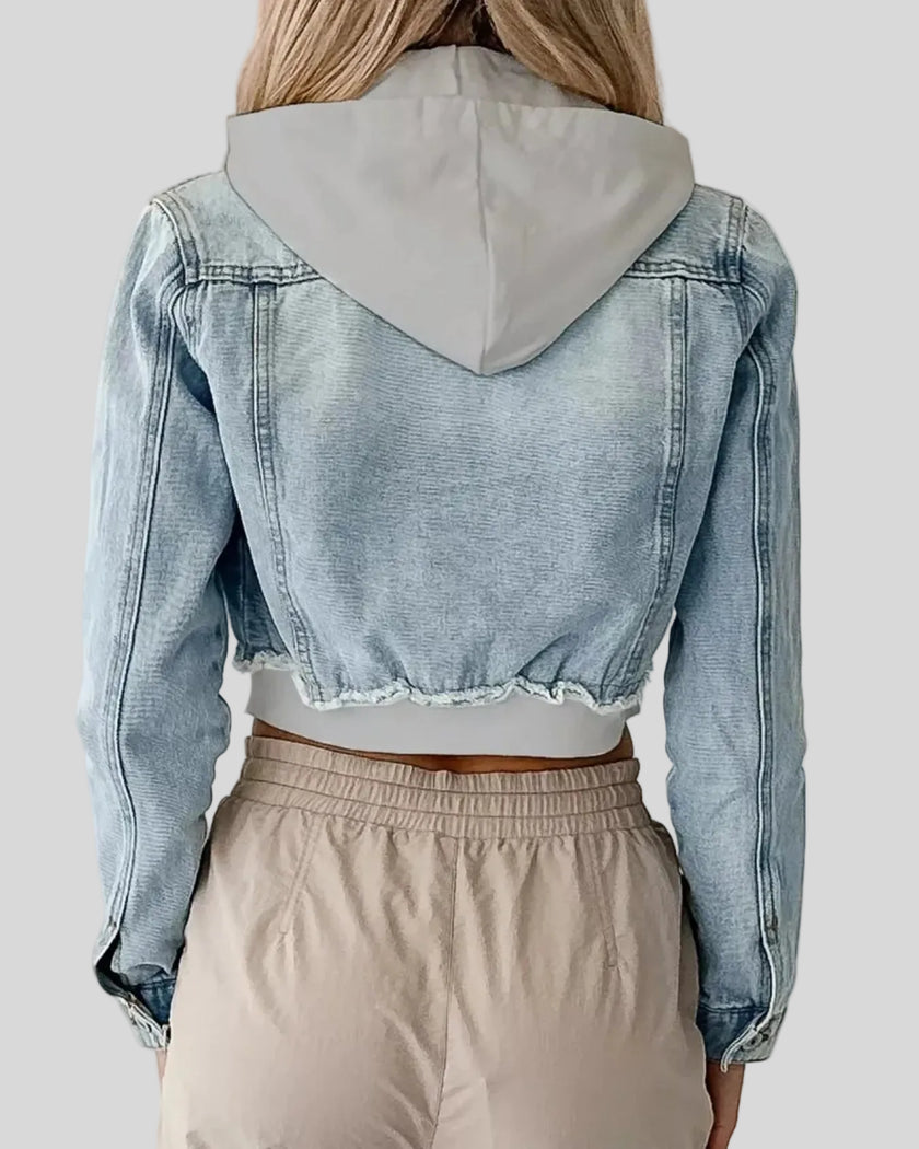 Athlesi EdgeForm denim hoodie jacket back view in light blue and gray showing hood detail and cropped denim structure