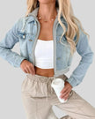 Athlesi EdgeForm denim hoodie jacket in light blue and gray angled open front view showing distressed detail and hoodie layer