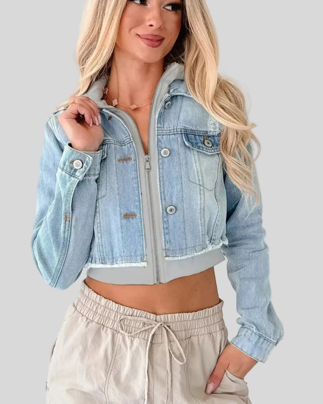 Athlesi EdgeForm denim hoodie jacket in light blue and gray, front closed with cropped silhouette and structured denim fit
