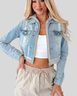 Athlesi EdgeForm denim hoodie jacket light blue and gray front open view with cropped fit and layered design