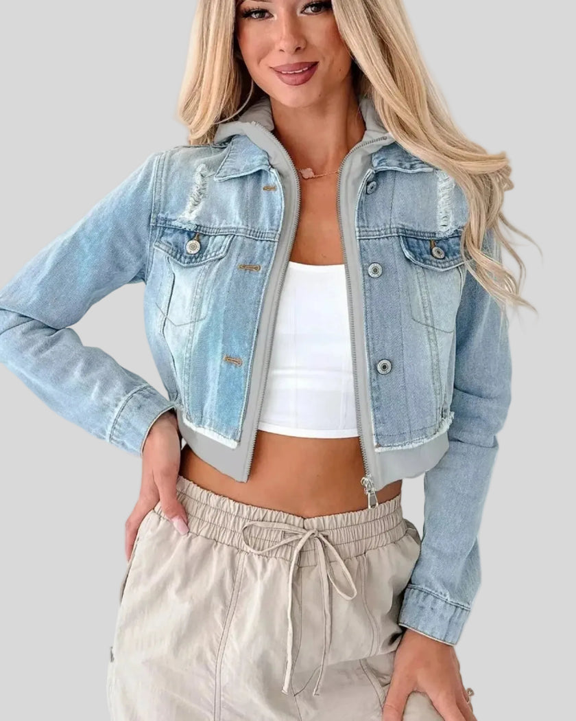 Athlesi EdgeForm denim hoodie jacket light blue and gray front open view with cropped fit and layered design