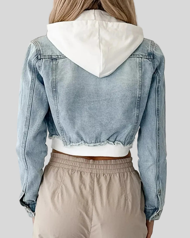 Athlesi EdgeForm denim hoodie jacket back view in light blue and white showing hood detail and cropped denim structure