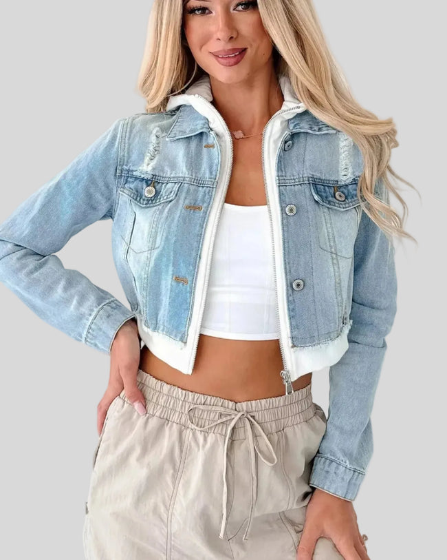 Athlesi EdgeForm denim hoodie jacket light blue and white front open view with cropped fit and layered design