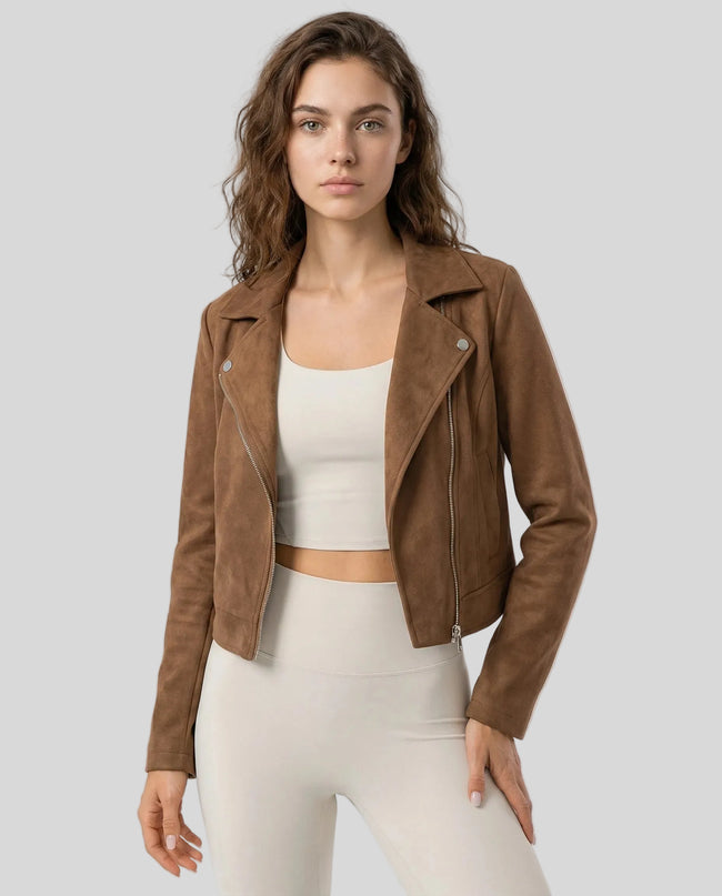 EdgeForm Moto Jacket in brown worn by model mid body front view highlighting fit and texture