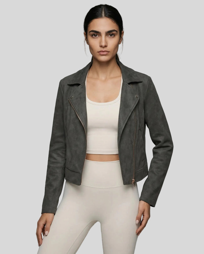 EdgeForm Moto Jacket in dark gray worn by model mid body front view highlighting fit and texture